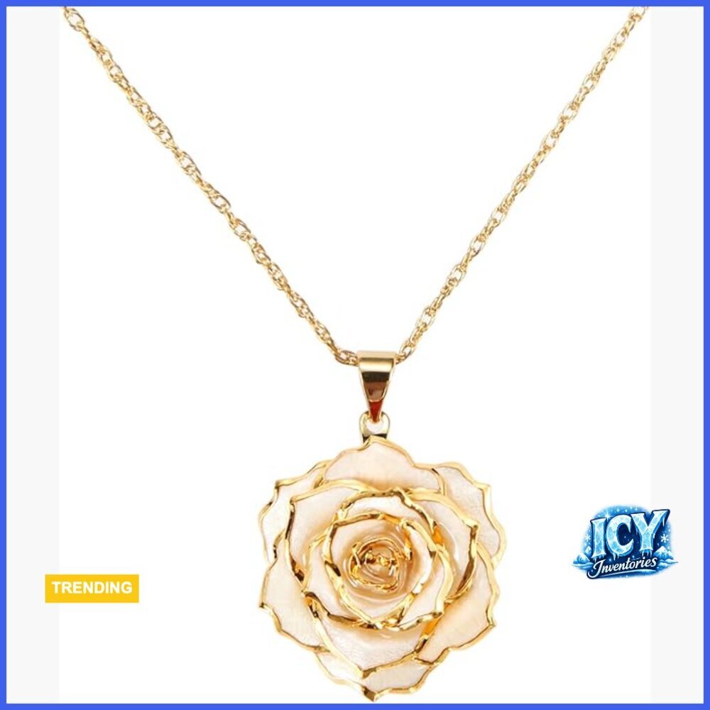 24K Gold Plated Real Rose Pendant Necklace for Women